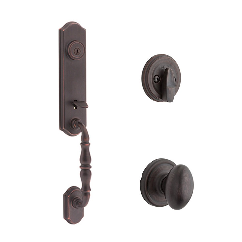 Kwikset Door Hardware Amherst Single Cylinder Handleset with Laurel Interior Active Handleset Trim & Single Cylinder Deadbolt In Venetian Bronze