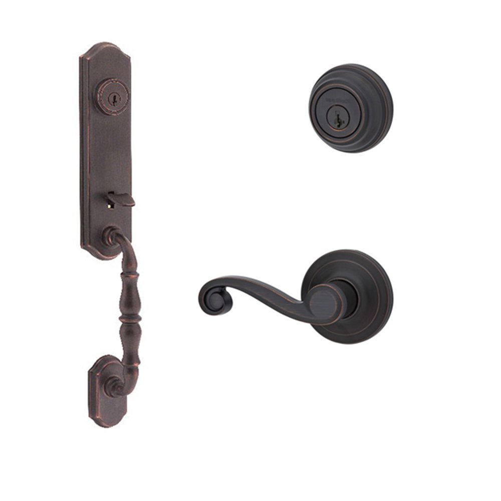 Kwikset Door Hardware Amherst Double Cylinder Handleset with Lido Interior Active Handleset Trim Left Hand Door Lever & Double Cylinder Deadbolt In Venetian Bronze