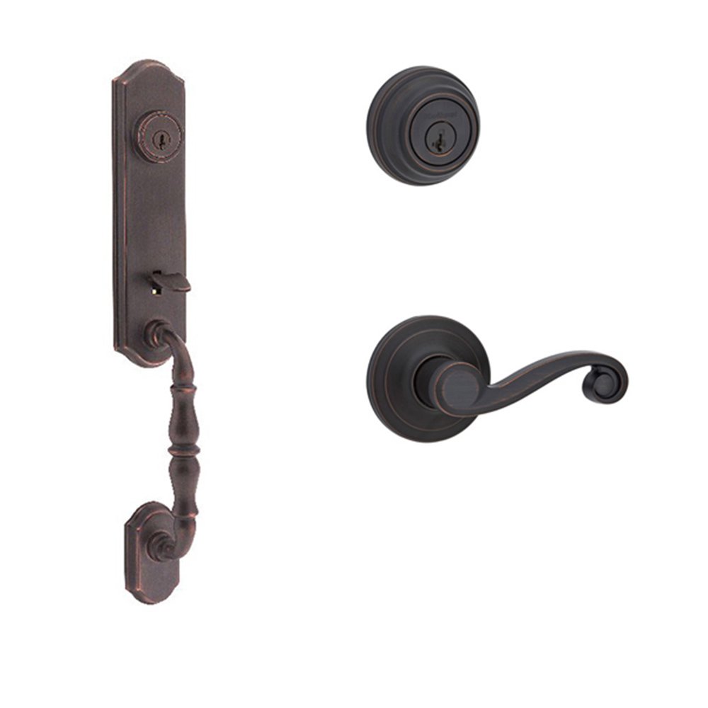 Kwikset Door Hardware Amherst Double Cylinder Handleset with Lido Interior Active Handleset Trim Right Hand Door Lever & Double Cylinder Deadbolt In Venetian Bronze