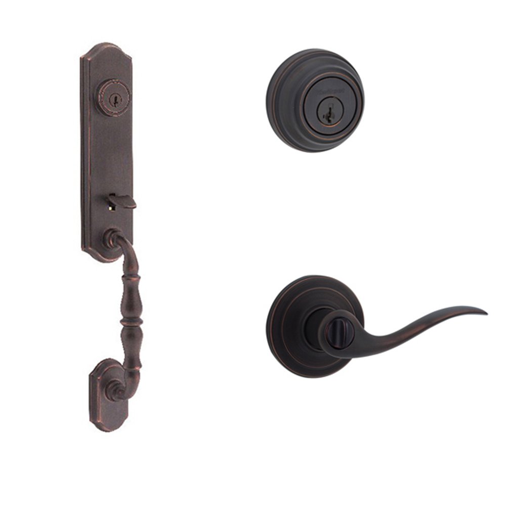 Kwikset Door Hardware Amherst Double Cylinder Handleset with Tustin Interior Active Handleset Trim Right Hand Door Lever & Double Cylinder Deadbolt In Venetian Bronze