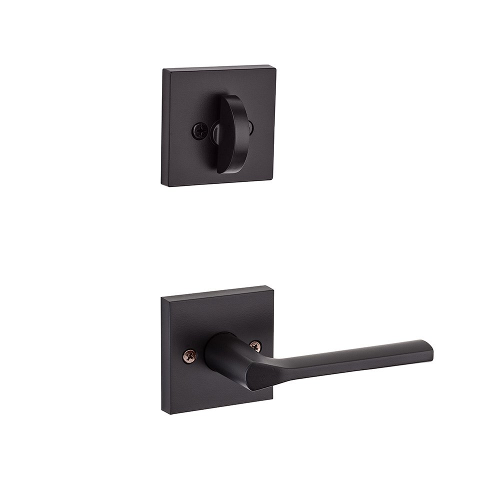 Kwikset Door Hardware Lisbon Square Interior Active Handleset Trim Reversable Door Lever & Single Cylinder Deadbolt In Iron Black