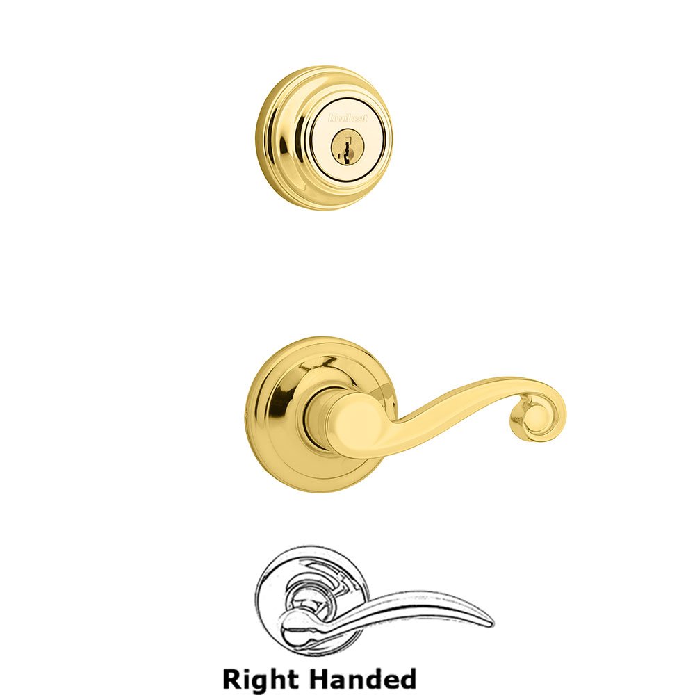 Kwikset Door Hardware Lido Interior Active Handleset Trim Right Hand Door Lever & Double Cylinder Deadbolt in Bright Brass