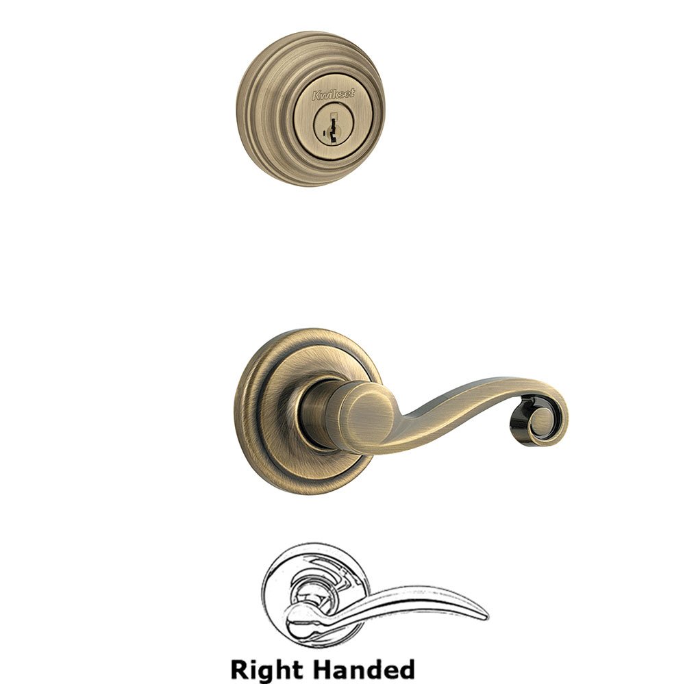 Kwikset Door Hardware Lido Interior Active Handleset Trim Right Hand Door Lever & Double Cylinder Deadbolt in Antique Brass
