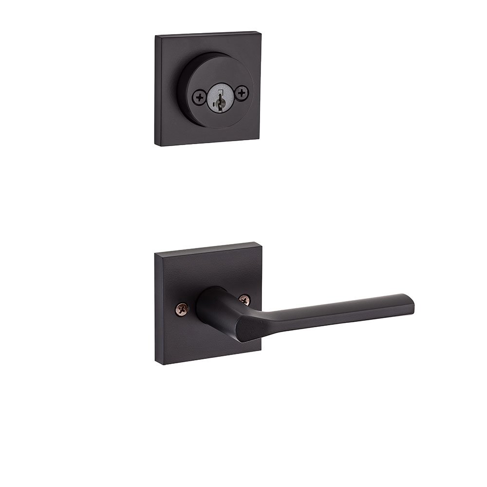 Kwikset Door Hardware Lisbon Square Interior Active Handleset Trim Reversable Door Lever & Double Cylinder Deadbolt In Iron Black