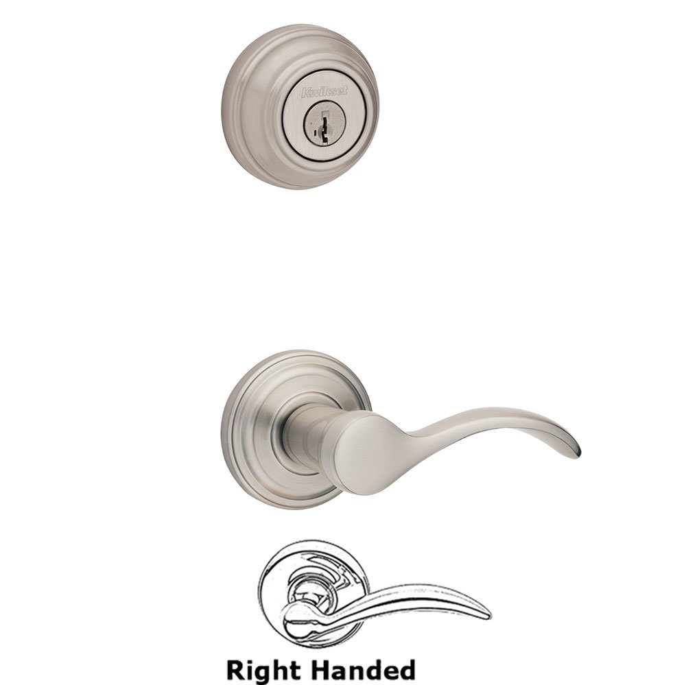 Kwikset Door Hardware Pembroke Interior Active Handleset Trim Right Hand Door Lever & Double Cylinder Deadbolt in Satin Nickel