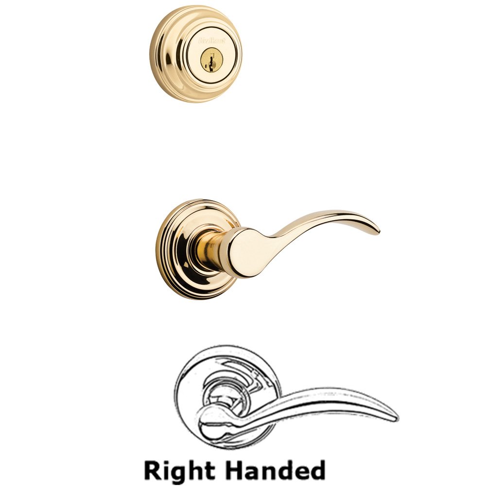Kwikset Door Hardware Pembroke Interior Active Handleset Trim Right Hand Door Lever & Double Cylinder Deadbolt In Bright Brass