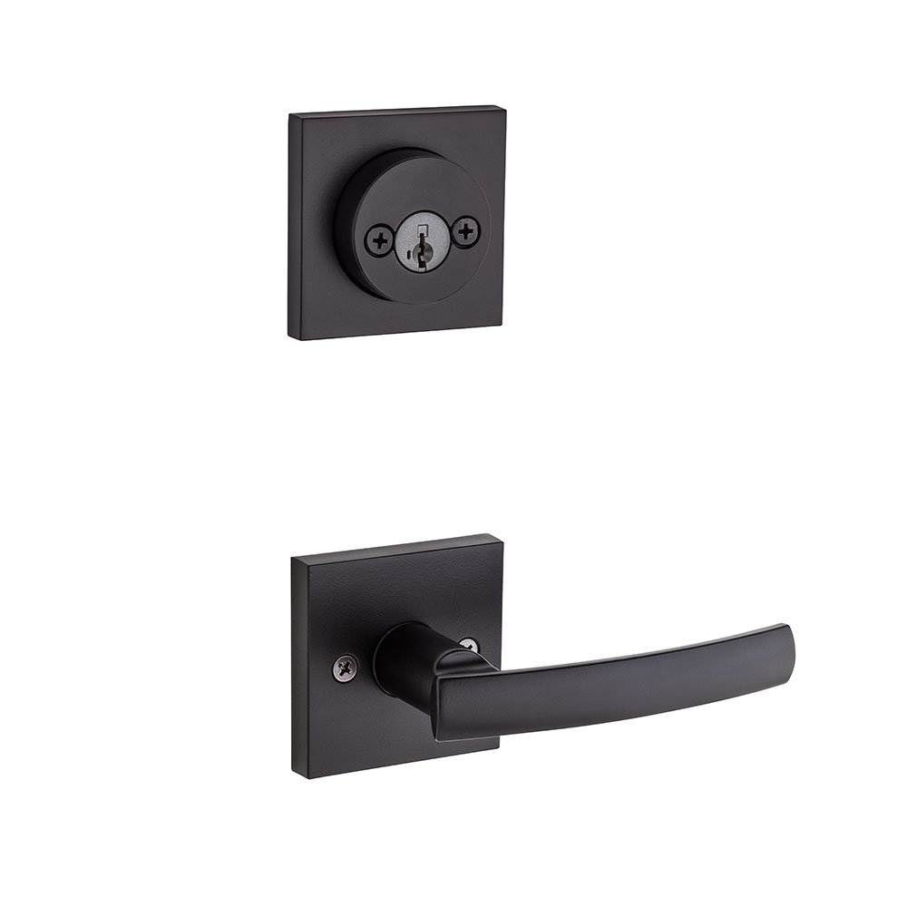Kwikset Door Hardware Sydney Square Interior Active Handleset Trim Reversable Door Lever & Double Cylinder Deadbolt In Iron Black