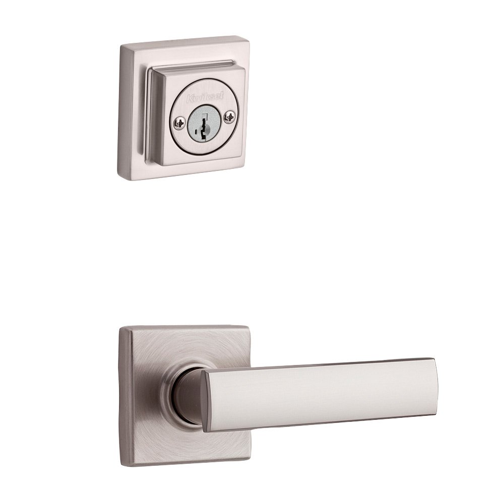 Kwikset Door Hardware Vedani Interior Active Handleset Trim Reversable Door Lever & Double Cylinder Deadbolt In Satin Nickel