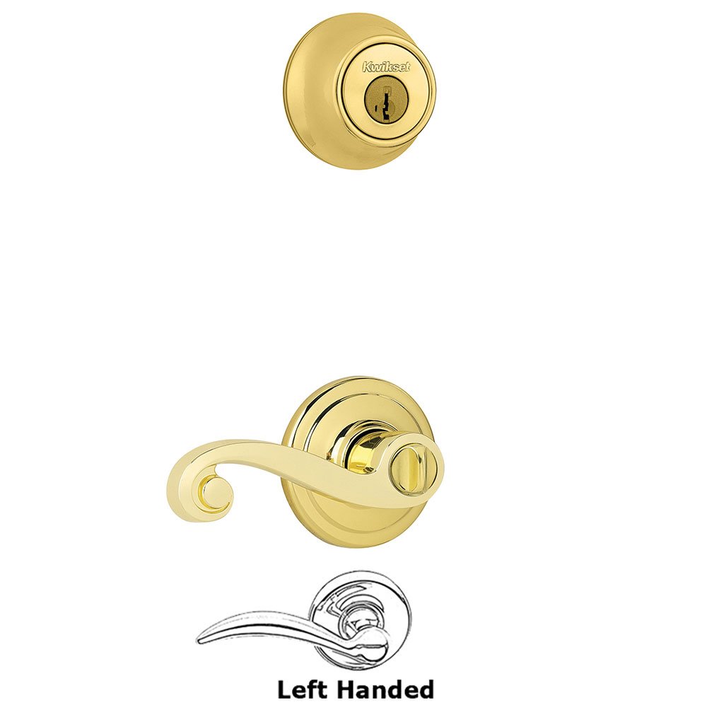 Kwikset Door Hardware Lido Interior Active Handleset Trim Left Hand Door Lever & Double Cylinder Deadbolt in Bright Brass