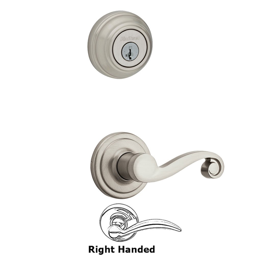 Kwikset Door Hardware Lido Interior Active Handleset Trim Right Hand Door Lever & Double Cylinder Deadbolt in Satin Nickel