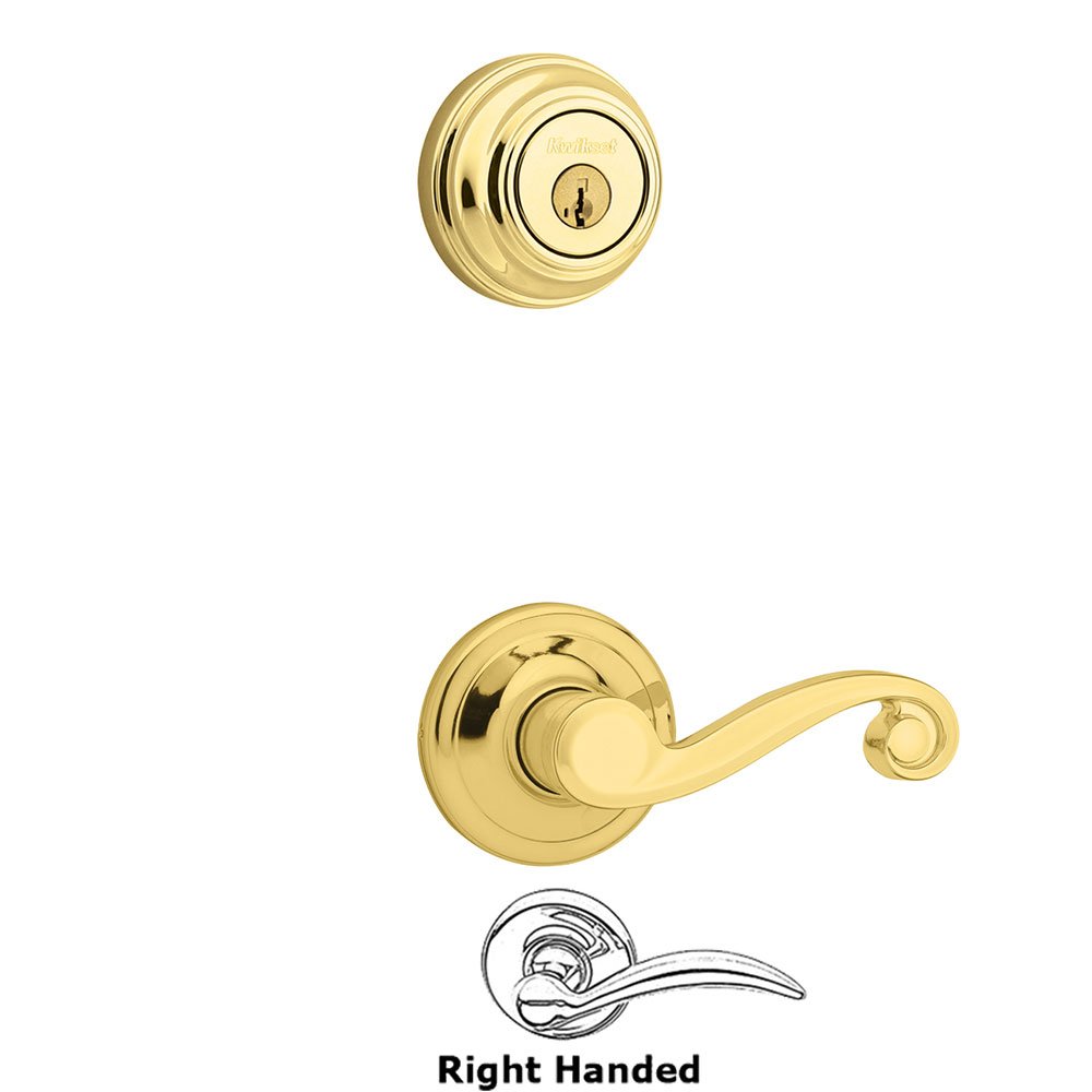 Kwikset Door Hardware Lido Interior Active Handleset Trim Right Hand Door Lever & Double Cylinder Deadbolt in Bright Brass