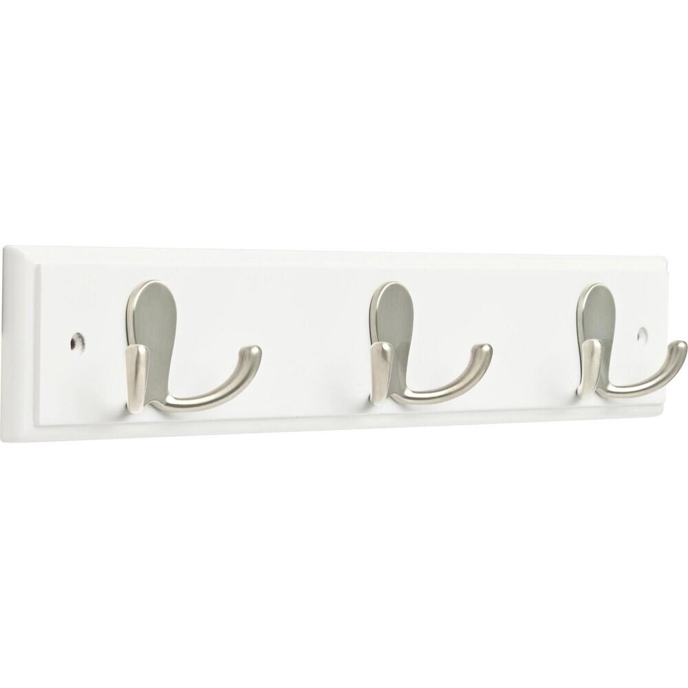 Liberty Hardware 15.85" Rail with 3 Double Prong Robe Hooks in Pure White & Satin Nickel