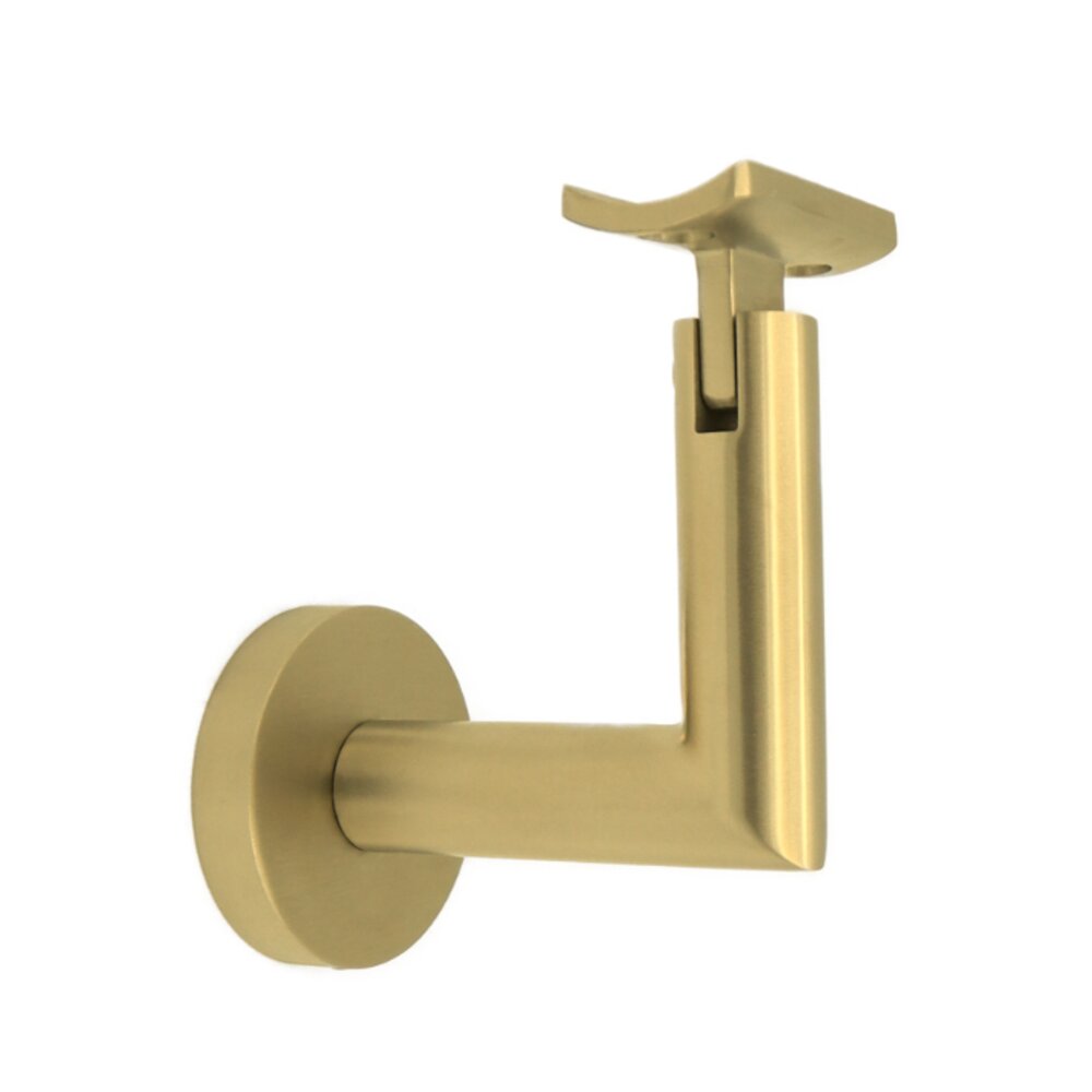 Linnea Hardware Round Mount Base and Tubular Arm with Curve Clamp Glass Mounted Hand Rail Bracket in Satin Brass