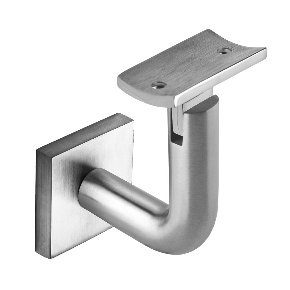 Linnea Hardware Square Mount Base and Rounded Arm with Curve Clamp Glass Mounted Hand Rail Bracket in Satin Stainless Steel