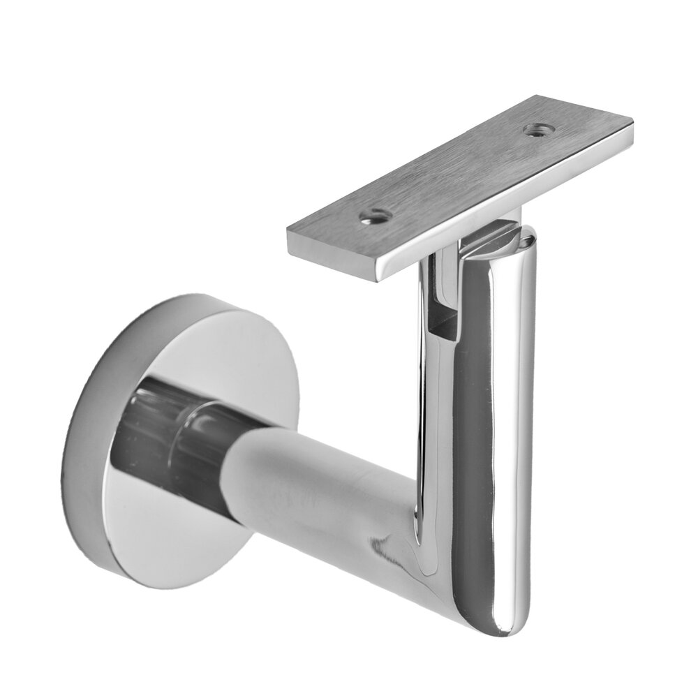 Linnea Hardware Round Mount Base and Tubular Arm with Flat Clamp Glass Mounted Hand Rail Bracket in Polished Stainless Steel