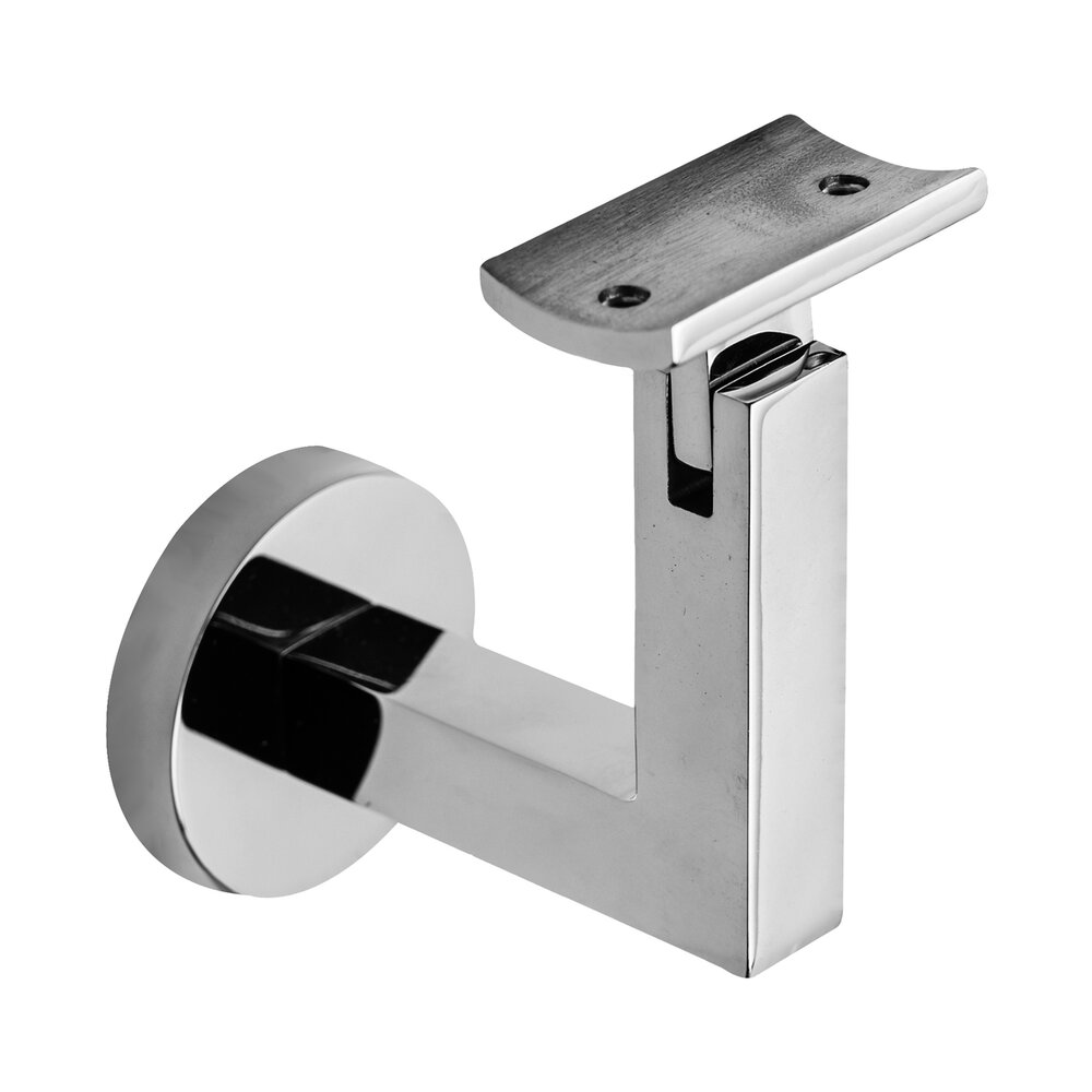 Linnea Hardware Round Mount Base and Squared Arm with Curve Clamp Glass Mounted Hand Rail Bracket in Polished Stainless Steel