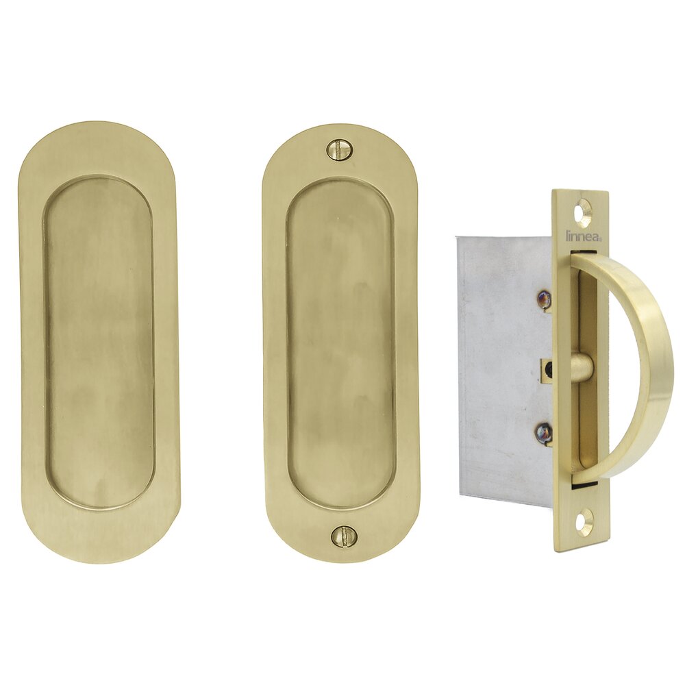 Linnea Hardware 6 5/16" Oval Passage Pocket Door Set with Edge Pull in Satin Brass