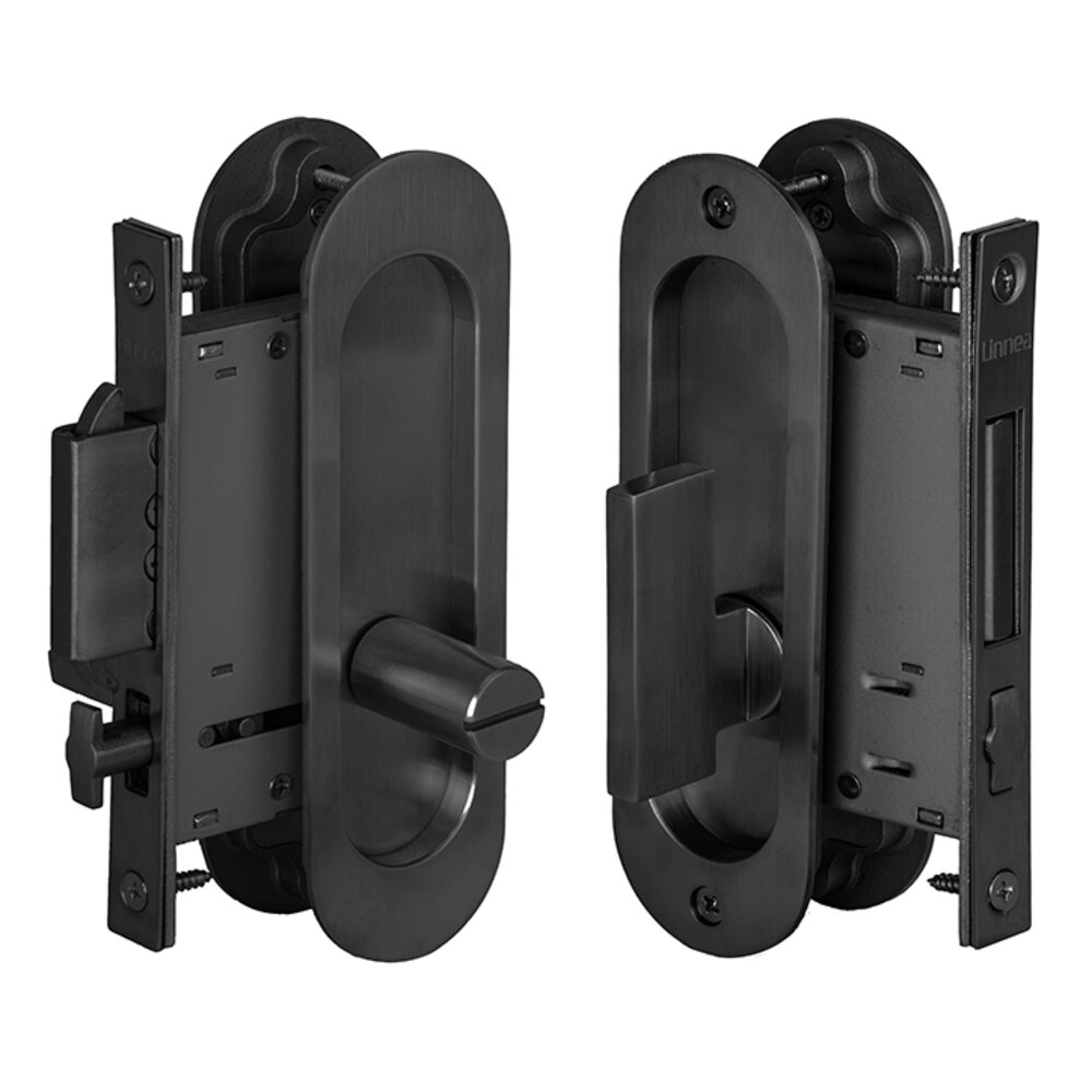 Linnea Hardware 6 5/16" Oval Privacy Pocket Door Lock with ADA Turn Piece and Emergency Release in Satin Black