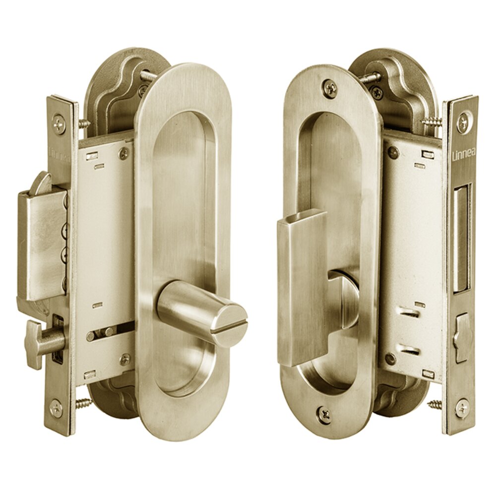 Linnea Hardware 6 5/16" Oval Privacy Pocket Door Lock with ADA Turn Piece and Emergency Release in Satin Brass