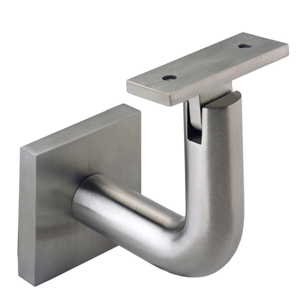 Linnea Hardware Square Mount Base and Rounded Arm with Flat Clamp Glass Mounted Hand Rail Bracket in Satin Stainless Steel
