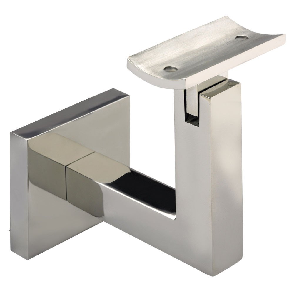 Linnea Hardware Square Mount Base and Squared Arm with Curve Clamp Surface Mounted Hand Rail Bracket in Polished Stainless Steel