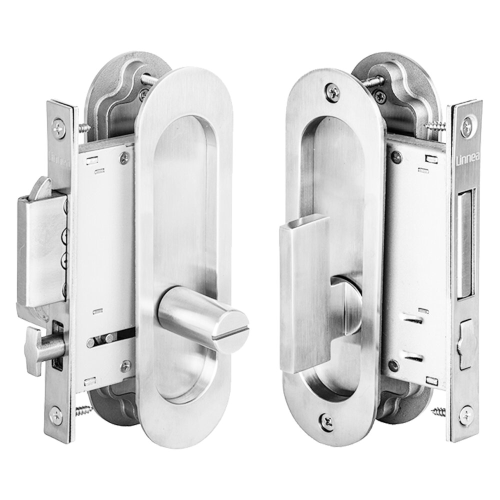 Linnea Hardware 6 5/16" Oval Privacy Pocket Door Lock with ADA Turn Piece and Emergency Release in Polished Stainless Steel