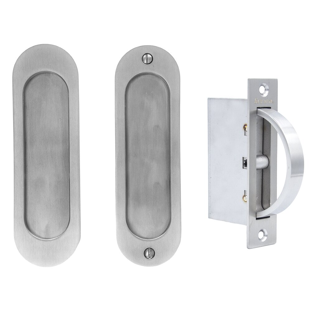 Linnea Hardware 6 5/16" Oval Passage Pocket Door Set with Edge Pull in Satin Stainless Steel