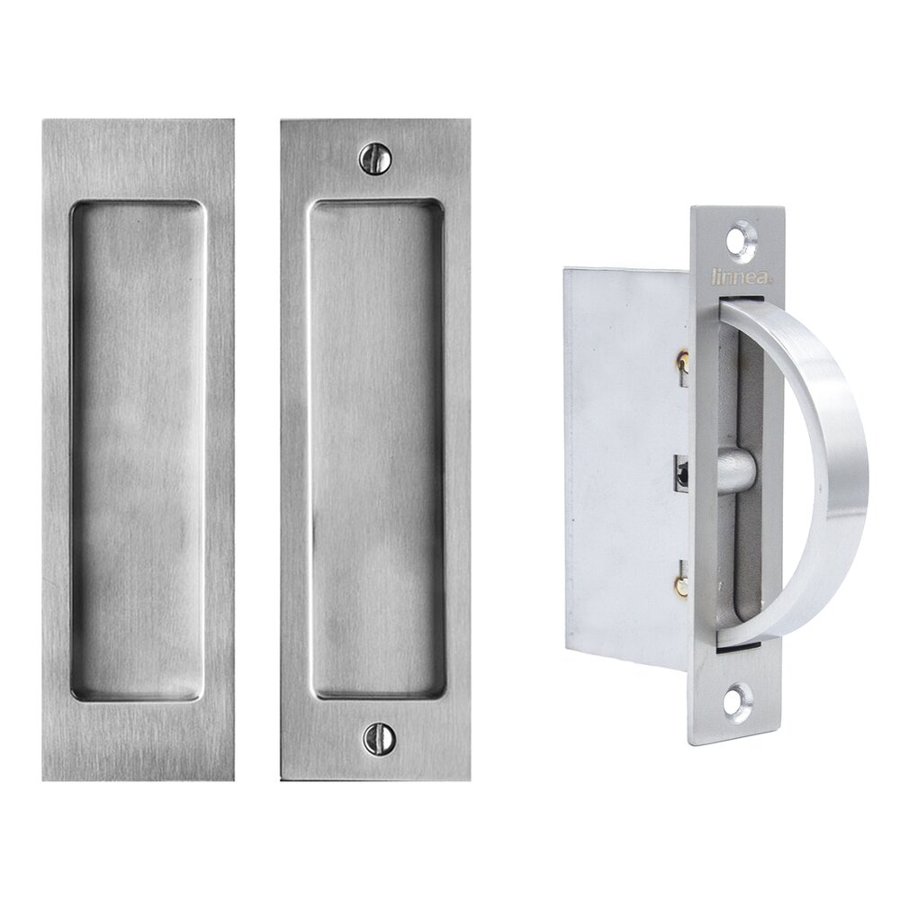 Linnea Hardware 6 5/16" Rectangular Passage Pocket Door Set with Edge Pull in Satin Stainless Steel