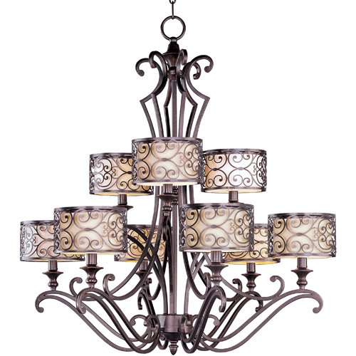 Maxim Lighting 34" 9-Light Multi-Tier Chandelier in Umber Bronze with Off-White Fabric Shades