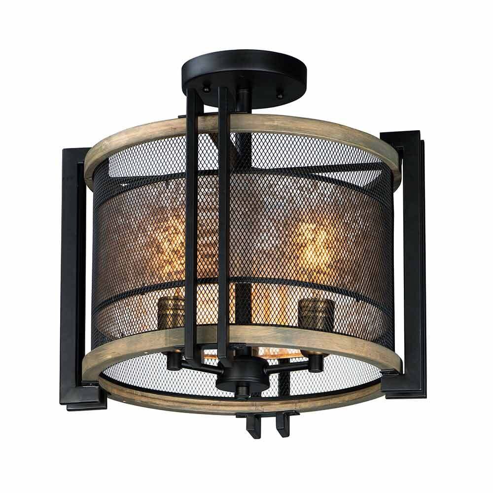 Maxim Lighting 3-Light Flush Mount in Black with Barn Wood with Antique Brass