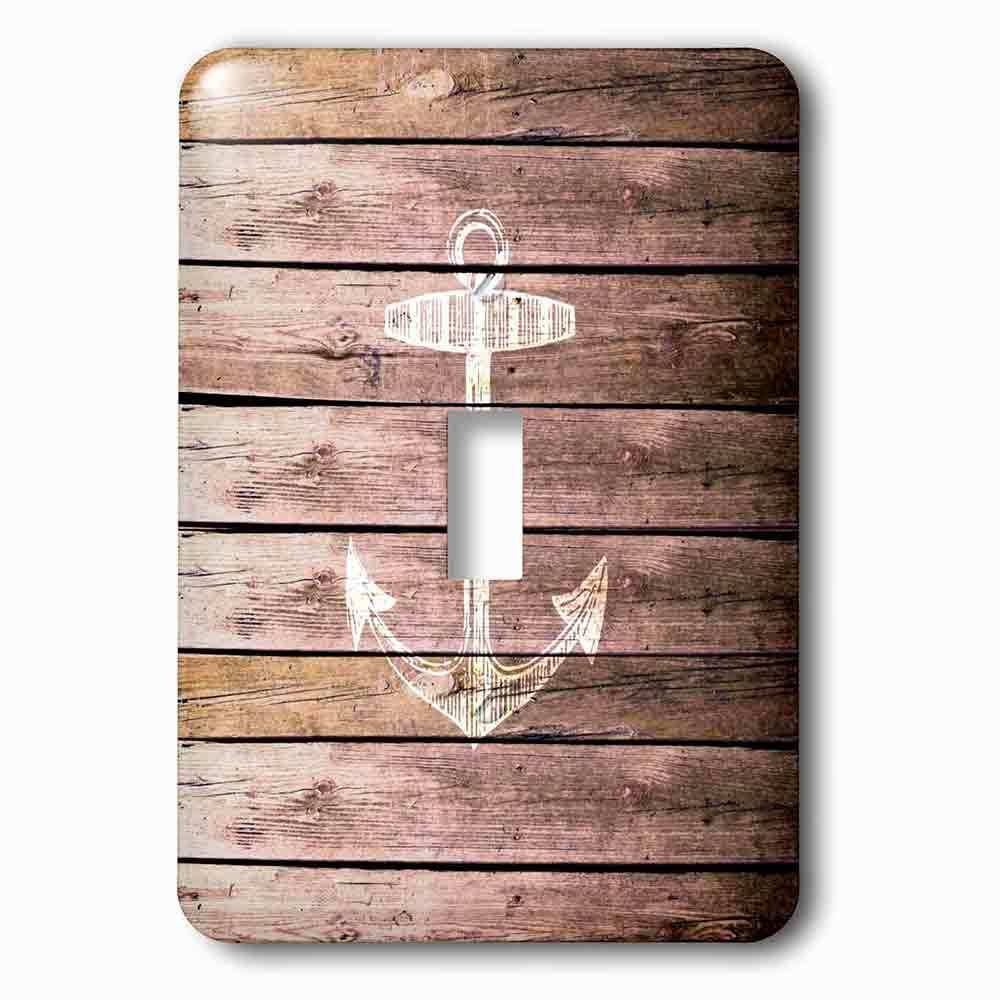 Jazzy Wallplates Single Toggle Wallplate With White Anchor Stamp On Wood Texture Graphic Print Not Actually Wooden Brown Grunge Nautical Theme