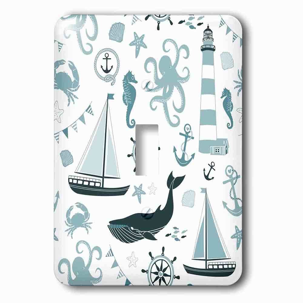 Jazzy Wallplates Single Toggle Wallplate With Blue And White Nautical Theme Octopus, Boat, Anchor
