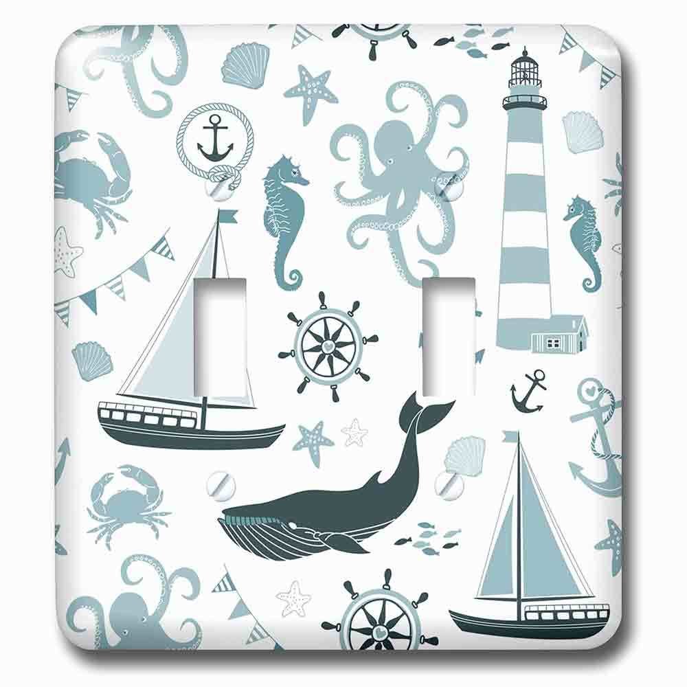 Jazzy Wallplates Double Toggle Wallplate With Blue And White Nautical Theme Octopus, Boat, Anchor