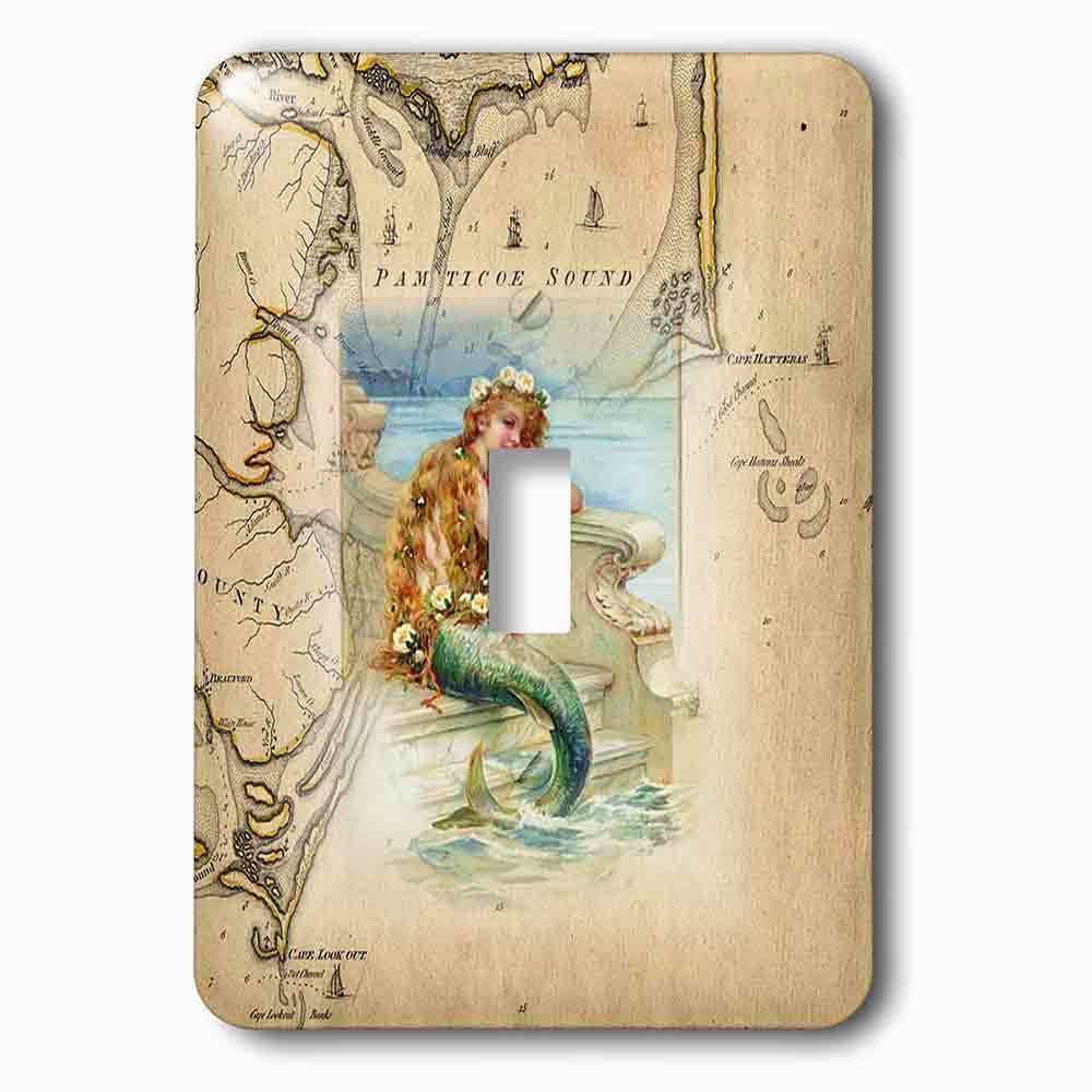 Jazzy Wallplates Single Toggle Wallplate With Print Of Vintage Map Outer Banks With Mermaid