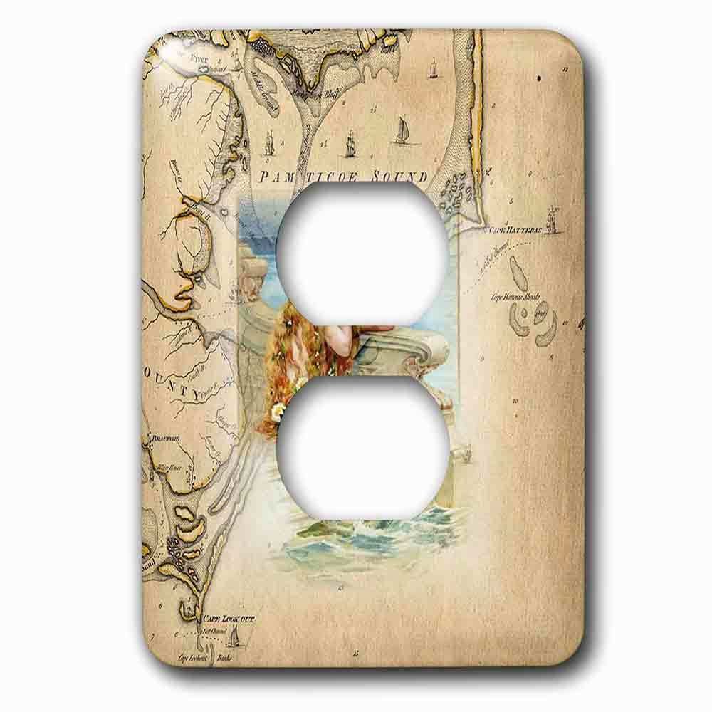 Jazzy Wallplates Single Duplex Outlet With Print Of Vintage Map Outer Banks With Mermaid