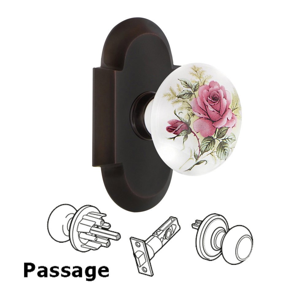 Nostalgic Warehouse Complete Passage Set - Cottage Plate with White Rose Porcelain Door Knob in Timeless Bronze
