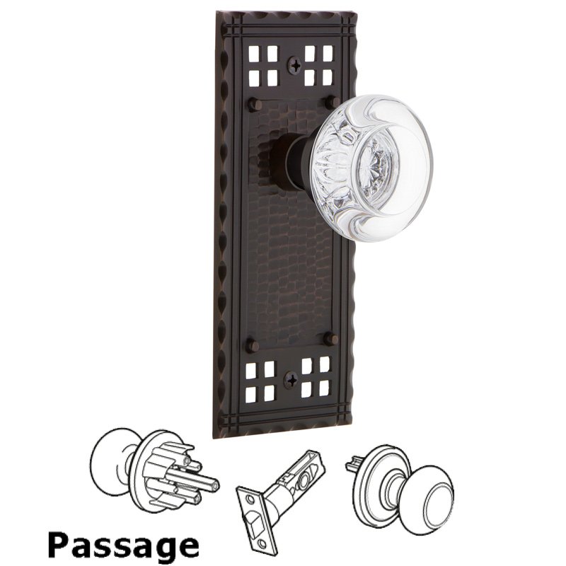 Nostalgic Warehouse Passage Craftsman Plate with Round Clear Crystal Glass Door Knob in Timeless Bronze