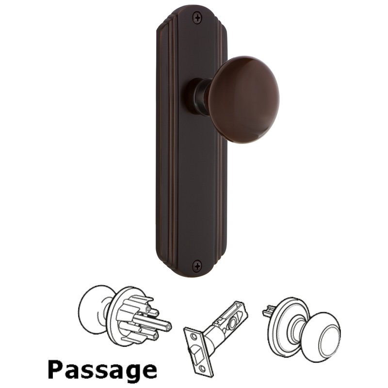 Nostalgic Warehouse Complete Passage Set - Deco Plate with Brown Porcelain Door Knob in Timeless Bronze