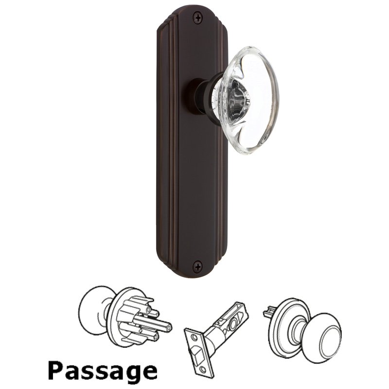 Nostalgic Warehouse Complete Passage Set - Deco Plate with Oval Clear Crystal Glass Door Knob in Timeless Bronze