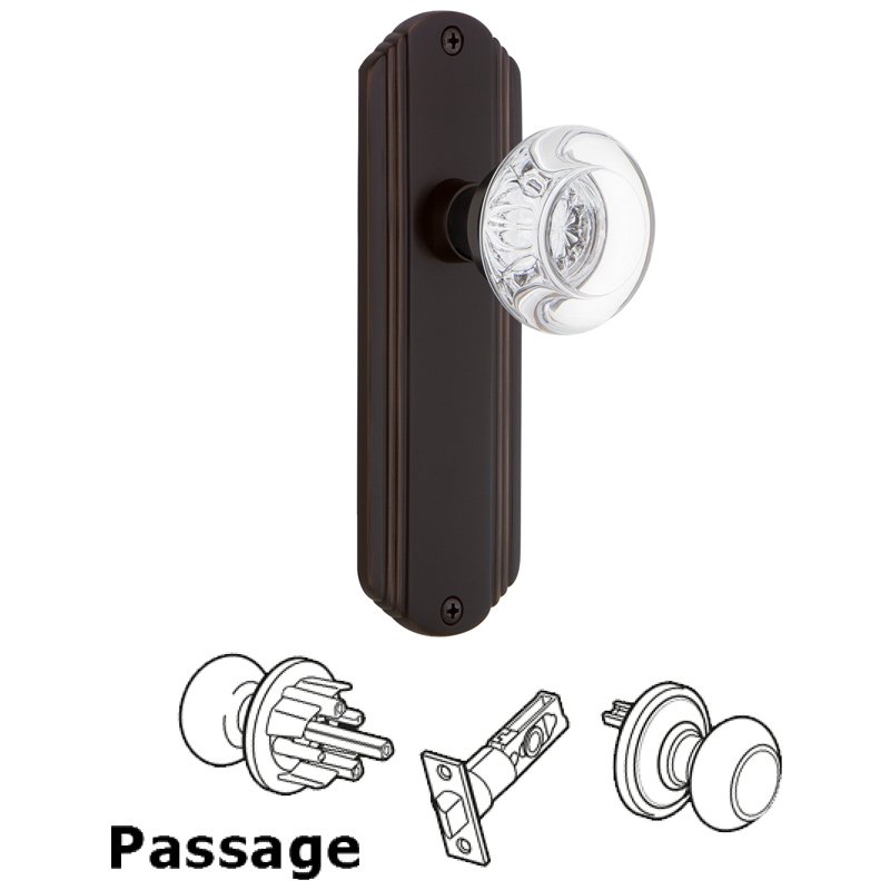 Nostalgic Warehouse Complete Passage Set - Deco Plate with Round Clear Crystal Glass Door Knob in Timeless Bronze