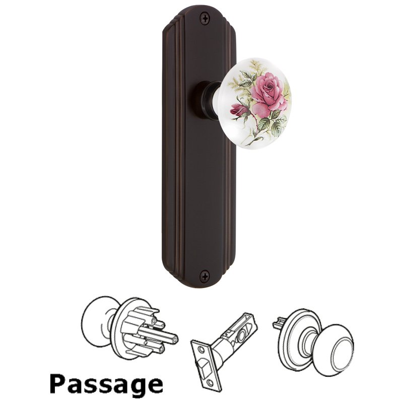 Nostalgic Warehouse Complete Passage Set - Deco Plate with White Rose Porcelain Door Knob in Timeless Bronze