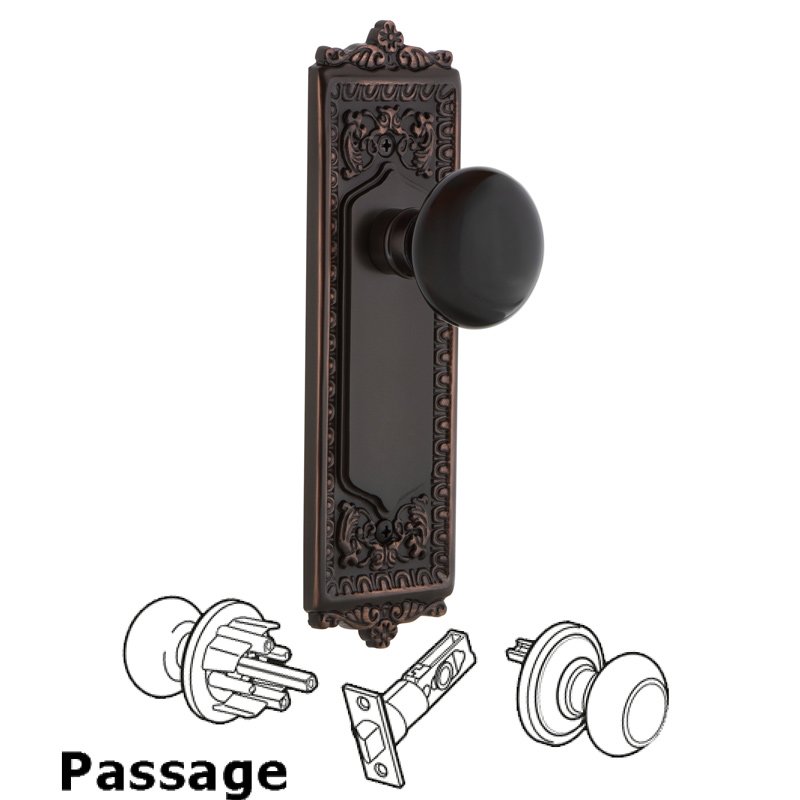 Nostalgic Warehouse Passage Egg & Dart Plate with Black Porcelain Door Knob in Timeless Bronze