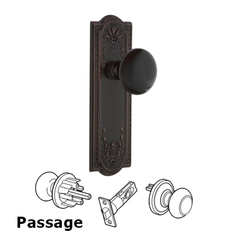 Nostalgic Warehouse Complete Passage Set - Meadows Plate with Black Porcelain Door Knob in Timeless Bronze
