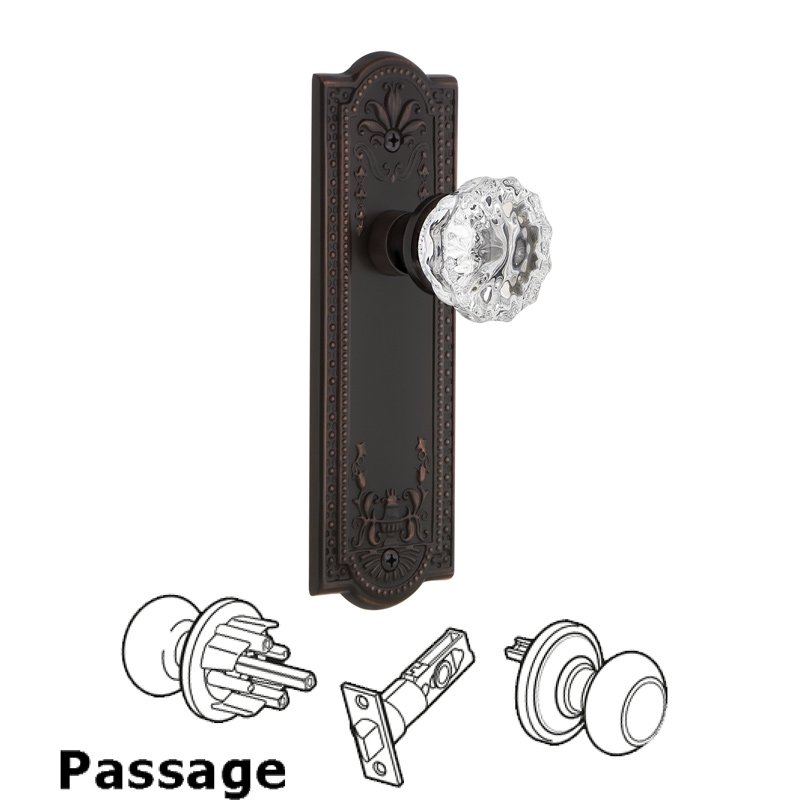 Nostalgic Warehouse Complete Passage Set - Meadows Plate with Crystal Glass Door Knob in Timeless Bronze