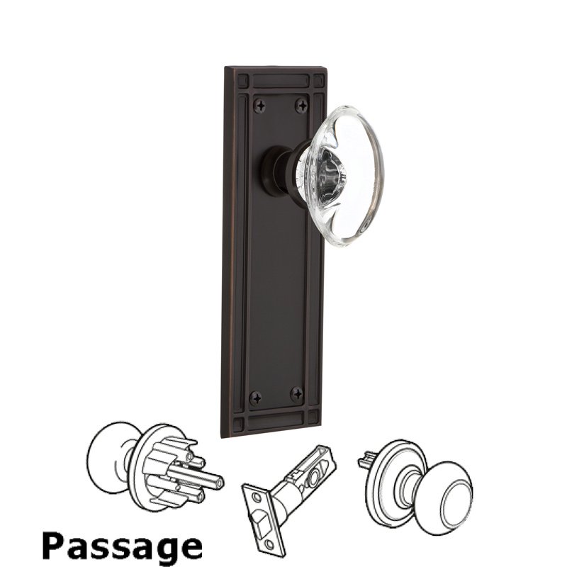 Nostalgic Warehouse Complete Passage Set - Mission Plate with Oval Clear Crystal Glass Door Knob in Timeless Bronze