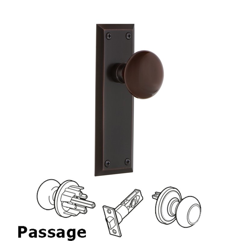 Nostalgic Warehouse Passage New York Plate with Brown Porcelain Door Knob in Timeless Bronze