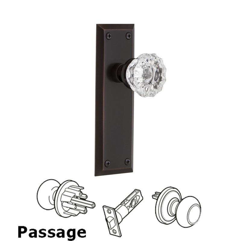 Nostalgic Warehouse Complete Passage Set - New York Plate with Crystal Glass Door Knob in Timeless Bronze