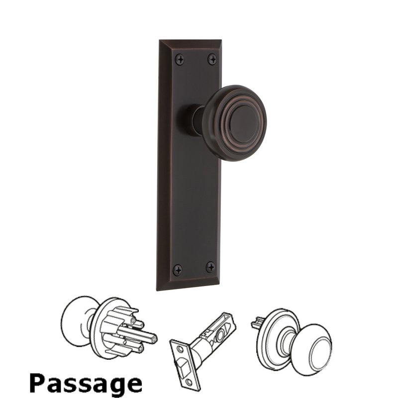 Nostalgic Warehouse Complete Passage Set - New York Plate with Deco Door Knob in Timeless Bronze