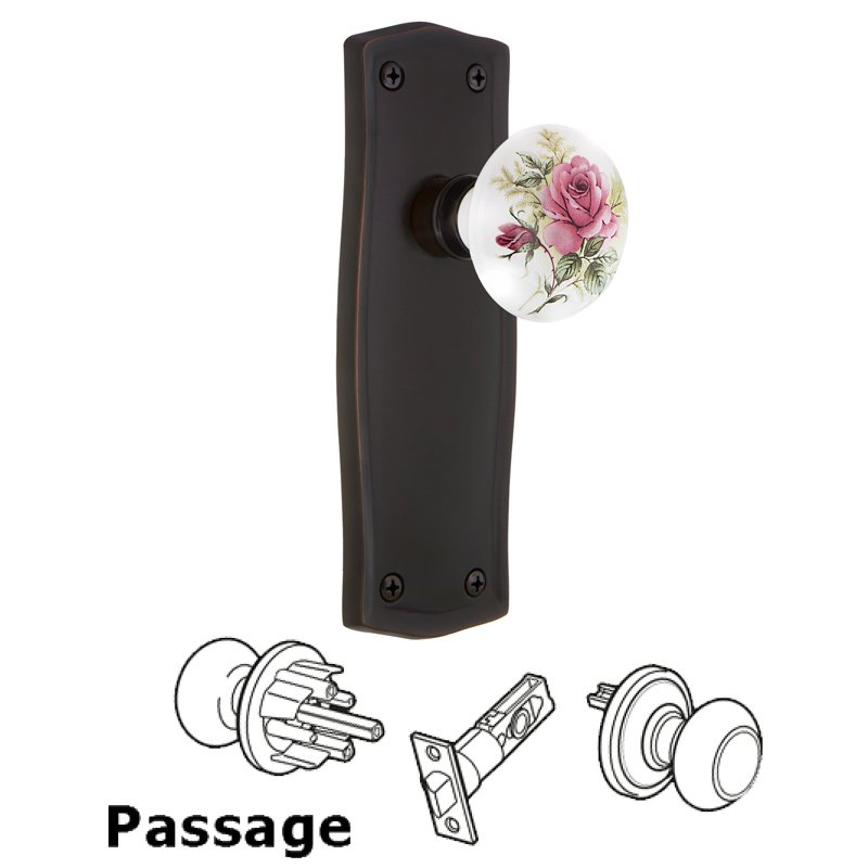 Nostalgic Warehouse Complete Passage Set - Prairie Plate with White Rose Porcelain Door Knob in Timeless Bronze