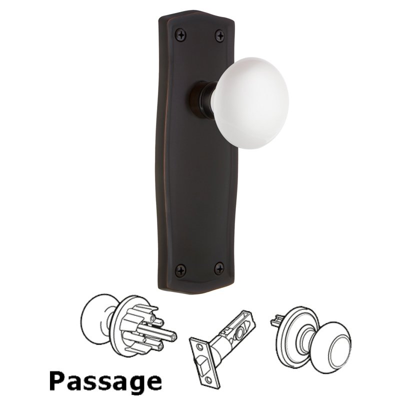 Nostalgic Warehouse Complete Passage Set - Prairie Plate with White Porcelain Door Knob in Timeless Bronze